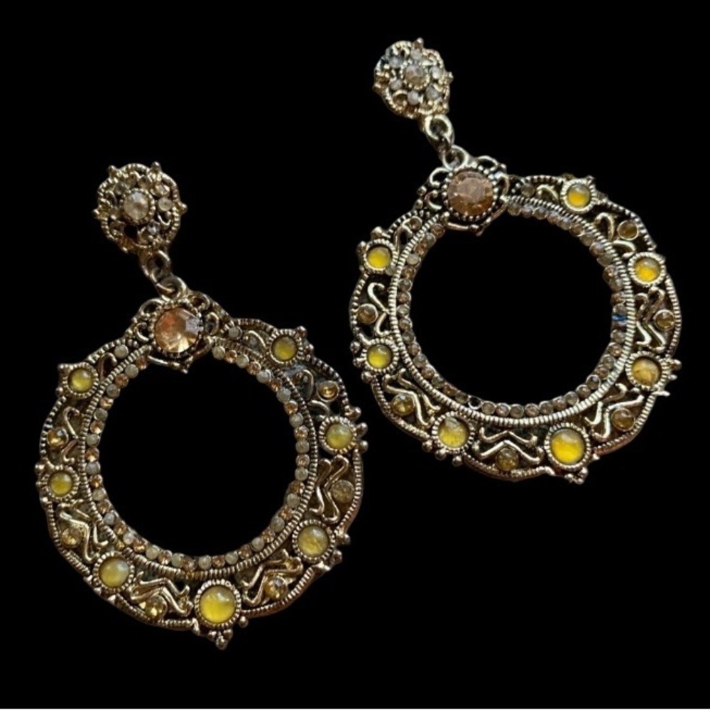 Brass Filigree Earrings with Yellow Accent Stones